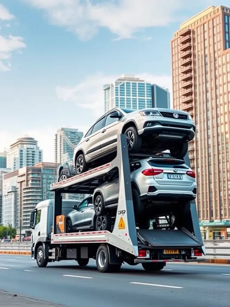 A double-decker tow truck transporting multiple vehicles, illustrating Cursor's efficient use of space and resources, with a cityscape in the background.