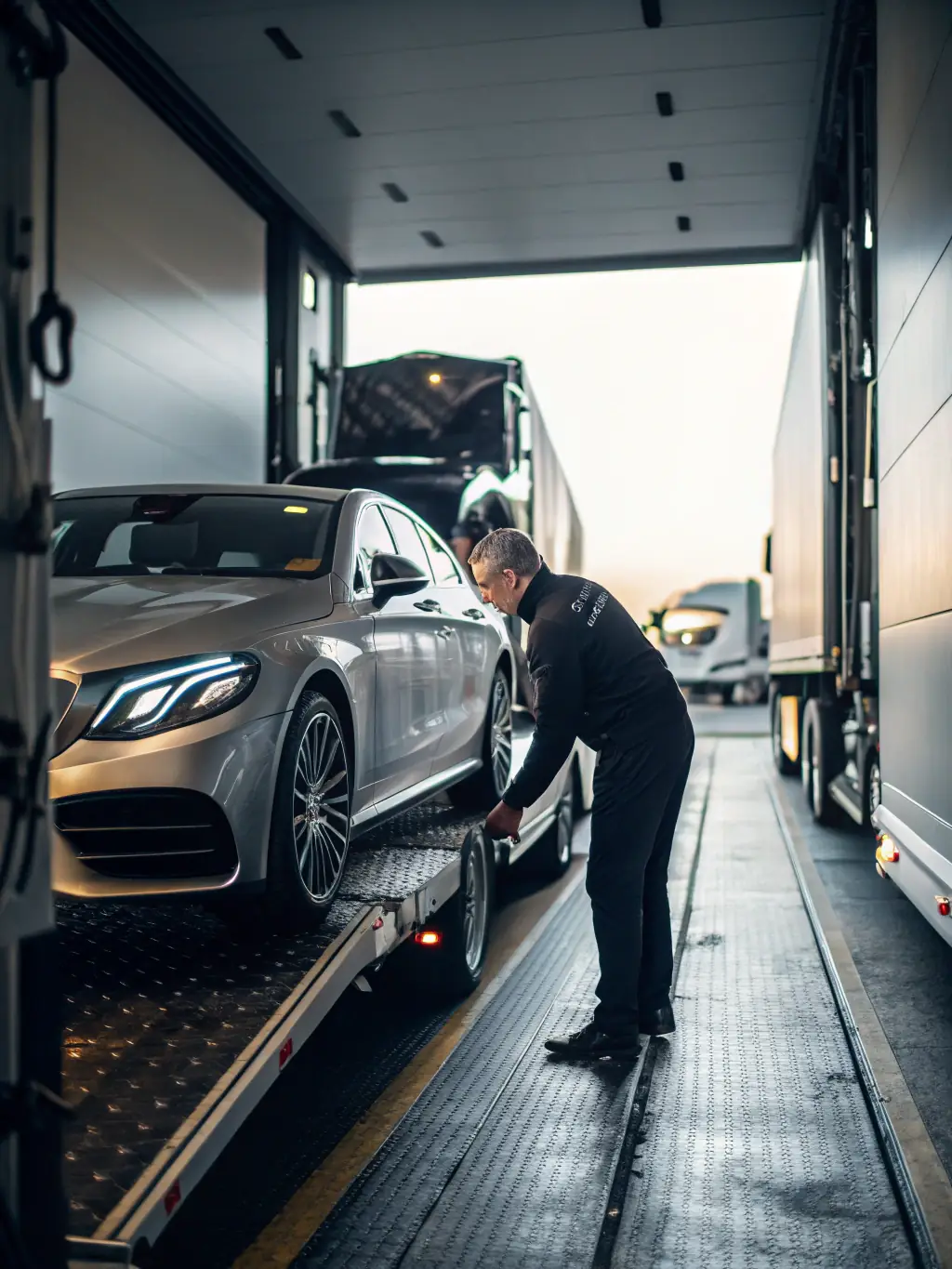 A modern car being carefully loaded onto a Cursor truck, emphasizing the company's commitment to safety and care in handling vehicles, with a focus on customer satisfaction.